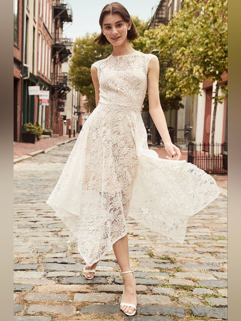 DB Studio SDWG1048 Hugh Neck Lace Dress with Asymmetrical Skirt